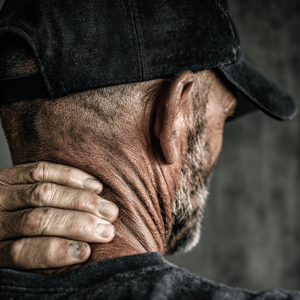 a man grips the back of his neck, indicating pain