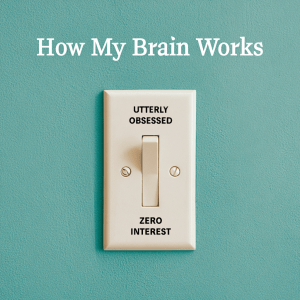 Lightswitch captioned "How my brain works," the switch positions labeled "utterly obsessed" and "uninterested"